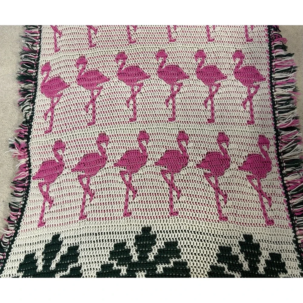 handmade crochet afghan blanket W/flamingo & monstera leaf border